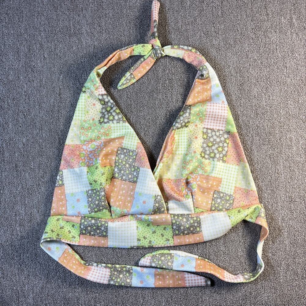 Vintage 70s Patchwork Halter Top Hippie Boho Festival Tie Back XS/S